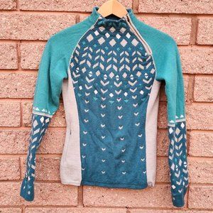 Title Nine Green Gray Geometric Print Sweater Zip Mock Neck Merino Blend Small